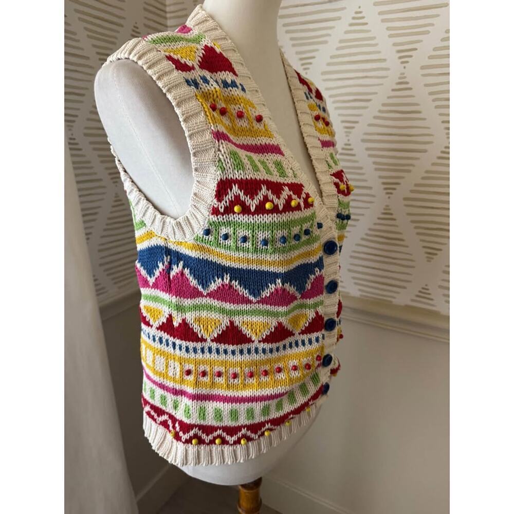 All Week Long Women’s Small Vintage Multicolor Cotton & Wood Bead Knit Vest - Picture 7 of 9